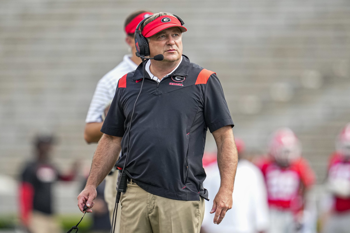 Georgia Bulldogs head coach Kirby Smart on the field during the Georgia Spring Game at Sanford Stadium. Mandatory Credit: Dale Zanine-USA TODAY Sports